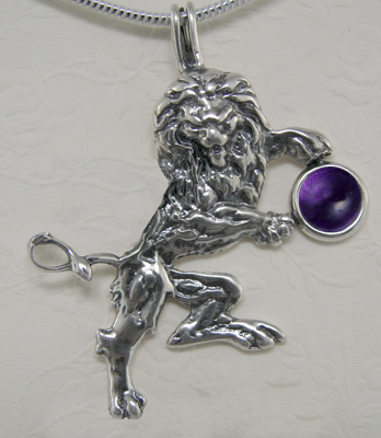 Sterling Silver Royal Rampant Lion Pendant With Amethyst